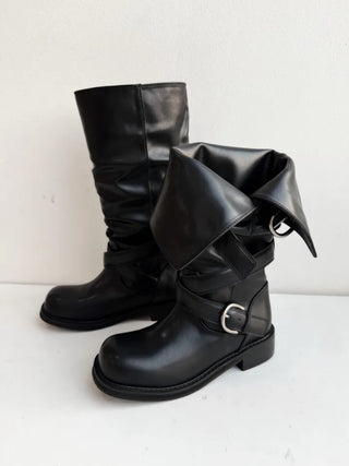 Fold shirring strap two-type leather long boots