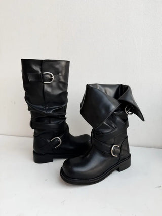 Fold shirring strap two-type leather long boots
