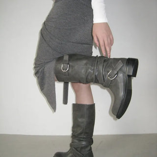 Fold shirring strap two-type leather long boots