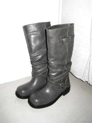 Fold shirring strap two-type leather long boots