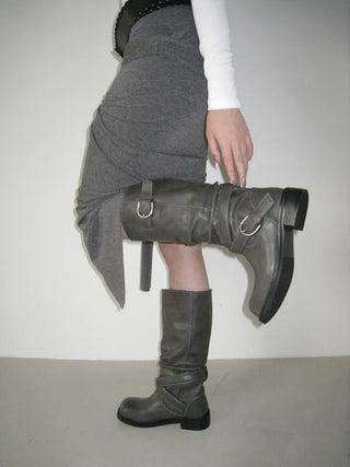 Fold shirring strap two-type leather long boots