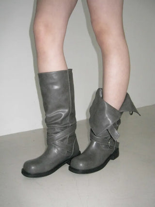 Fold shirring strap two-type leather long boots