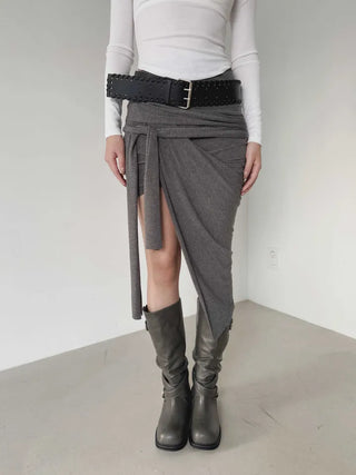 drape uneven wrap slit skirt