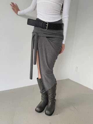 drape uneven wrap slit skirt
