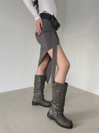 drape uneven wrap slit skirt