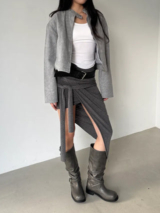drape uneven wrap slit skirt