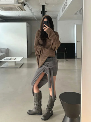 drape uneven wrap slit skirt