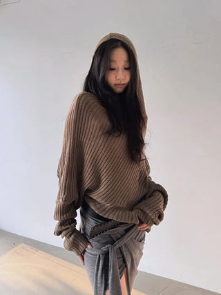 drape uneven off-shoulder overfit hooded rib knit