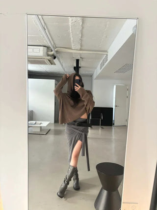 drape uneven off-shoulder overfit hooded rib knit