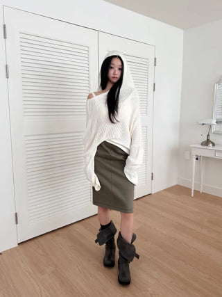 drape uneven off-shoulder overfit hooded rib knit