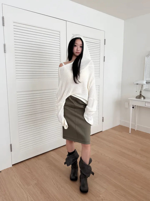 drape uneven off-shoulder overfit hooded rib knit