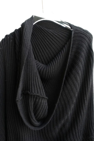 drape uneven off-shoulder overfit hooded rib knit