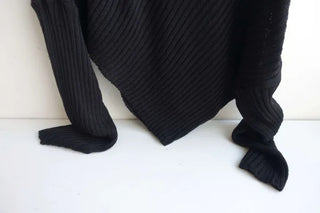 drape uneven off-shoulder overfit hooded rib knit