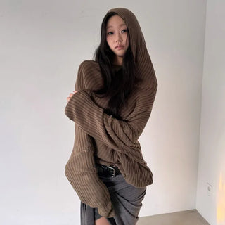 drape uneven off-shoulder overfit hooded rib knit