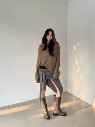 drape uneven off-shoulder overfit hooded rib knit