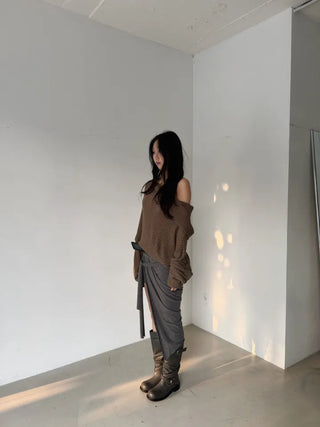drape uneven off-shoulder overfit hooded rib knit