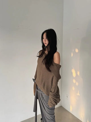 drape uneven off-shoulder overfit hooded rib knit