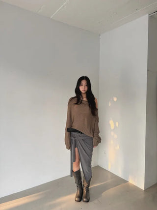drape uneven off-shoulder overfit hooded rib knit