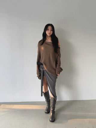 drape uneven off-shoulder overfit hooded rib knit