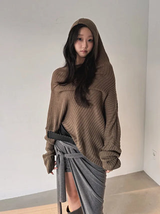 drape uneven off-shoulder overfit hooded rib knit