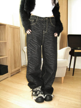 Zebra raw wide denim pants