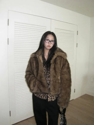 Brown mink faux fur jacket