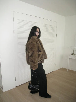 Brown mink faux fur jacket