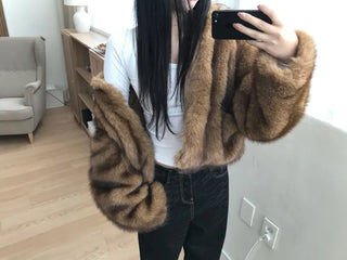 Brown mink faux fur jacket
