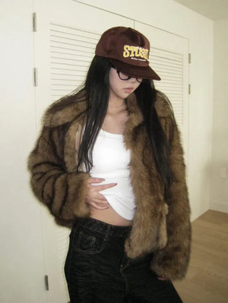 Brown mink faux fur jacket