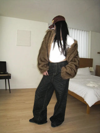 Brown mink faux fur jacket