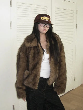 Brown mink faux fur jacket