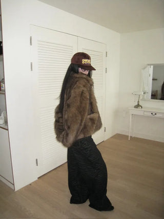 Brown mink faux fur jacket