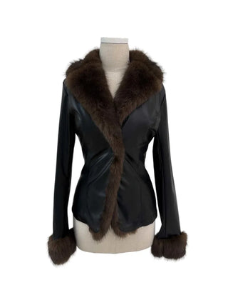 Metel Mink Eco-Fur Leather Combination One-Button Leather Jacket