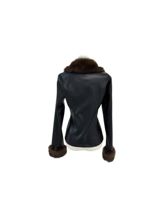 Metel Mink Eco-Fur Leather Combination One-Button Leather Jacket