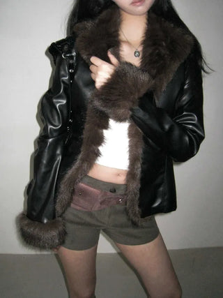 Metel Mink Eco-Fur Leather Combination One-Button Leather Jacket