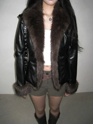Metel Mink Eco-Fur Leather Combination One-Button Leather Jacket