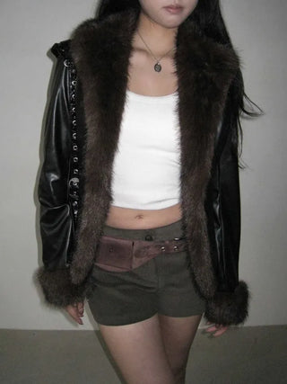 Metel Mink Eco-Fur Leather Combination One-Button Leather Jacket