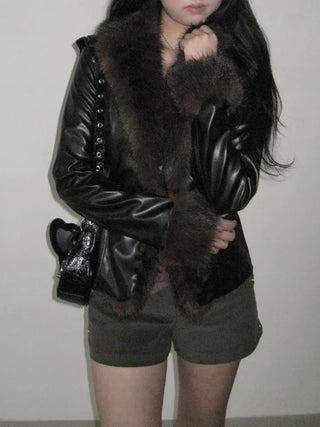 Metel Mink Eco-Fur Leather Combination One-Button Leather Jacket