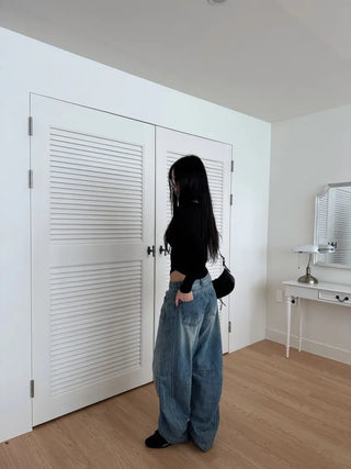 Dart Balloon Curve Fit Jeans Washed Denim Pants