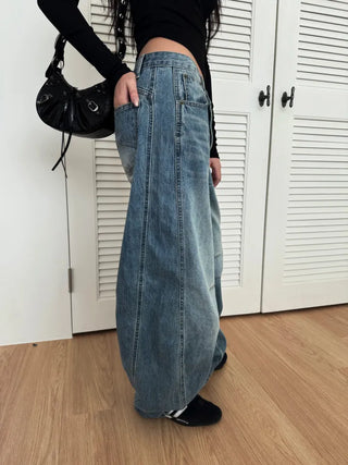 Dart Balloon Curve Fit Jeans Washed Denim Pants