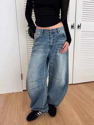 Dart Balloon Curve Fit Jeans Washed Denim Pants