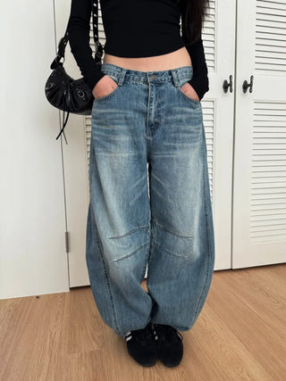 Dart Balloon Curve Fit Jeans Washed Denim Pants