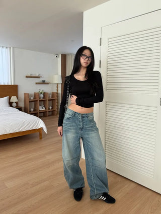 Dart Balloon Curve Fit Jeans Washed Denim Pants