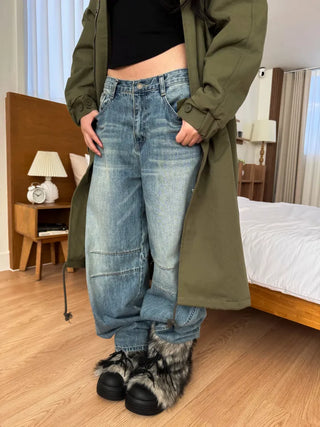 Dart Balloon Curve Fit Jeans Washed Denim Pants