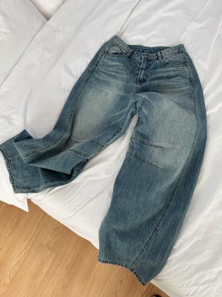 Dart Balloon Curve Fit Jeans Washed Denim Pants