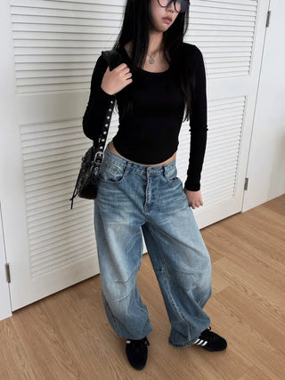 Dart Balloon Curve Fit Jeans Washed Denim Pants