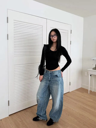 Dart Balloon Curve Fit Jeans Washed Denim Pants