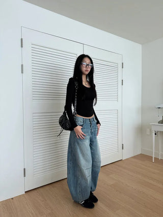 Dart Balloon Curve Fit Jeans Washed Denim Pants