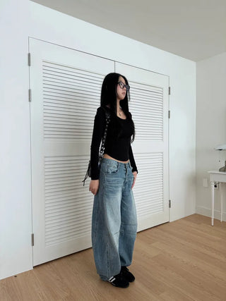 Dart Balloon Curve Fit Jeans Washed Denim Pants