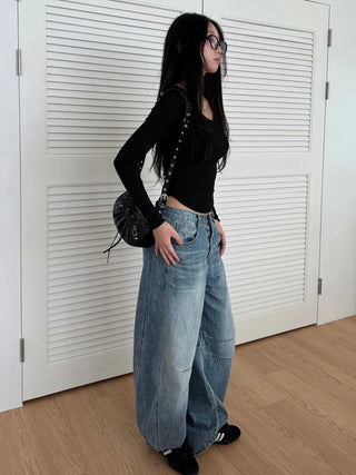 Dart Balloon Curve Fit Jeans Washed Denim Pants